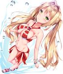  anklet bangs bikini blonde_hair bracelet breasts cleavage closed_mouth commentary_request criss-cross_halter droplet earrings eyebrows_visible_through_hair fate_(series) fukuda_shuushi full_body green_eyes hair_intakes halterneck highres jewelry long_hair looking_at_viewer medium_breasts navel nero_claudius_(fate)_(all) nero_claudius_(swimsuit_caster)_(fate) red_bikini sandals side-tie_bikini smile solo standing striped striped_bikini swimsuit twintails 