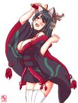  alternate_costume animal_ears artist_logo azur_lane black_hair black_kimono blush breasts butterfly_hair_ornament cat_ears cleavage cosplay cowboy_shot crossover dated fusou_(azur_lane) fusou_(azur_lane)_(cosplay) fusou_(kantai_collection) hair_ornament highres japanese_clothes kanon_(kurogane_knights) kantai_collection kimono large_breasts long_hair looking_at_viewer namesake open_mouth red_eyes simple_background smile solo thighhighs white_background white_legwear 