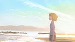  absurdres bangs banishment blonde_hair brown_shorts cloud commentary_request cowboy_shot day from_side highres looking_afar ocean original outdoors profile scenery shirt shore short_hair short_sleeves shorts solo standing waves white_shirt 