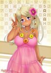  artist_request bead_necklace beads blonde_hair bracelet breasts cleavage commentary dress flower ganguro gyaru hair_flower hair_ornament head_tilt huniepop_2 jewelry kogal large_breasts long_hair nail_polish necklace official_art pink_dress purple_eyes sarah_stevens see-through smile solo strapless strapless_dress tan 