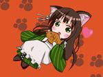  absurdres ama_usa_an_uniform animal_ears apron bangs blunt_bangs blush brown_hair brown_legwear cat_ears chibi commentary_request eyebrows_visible_through_hair flower food frilled_apron frills full_body gochuumon_wa_usagi_desu_ka? green_eyes green_kimono hair_flower hair_ornament heart highres holding holding_food japanese_clothes kemonomimi_mode kimono long_hair long_sleeves looking_at_viewer mafu_makura maid_apron open_mouth orange_background paw_background polka_dot_trim ribbon solo striped striped_kimono taiyaki ujimatsu_chiya wagashi white_apron white_flower white_ribbon wide_sleeves 