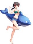  artist_request bandeau bangs bare_shoulders barefoot belt black_hair breasts cleavage clenched_hand collarbone full_body holding inflatable_dolphin inflatable_toy large_breasts leg_up long_hair looking_at_viewer multicolored_hair navel official_art open_mouth ponytail red_eyes red_hair shorts smile solo sora_no_kanata_no_dystopia_x_shitei strapless strapless_bikini transparent_background 