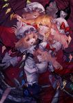  apron bad_id bad_pixiv_id bangs black_hat blonde_hair bow braid closed_eyes commentary_request fang flandre_scarlet four_of_a_kind_(touhou) hair_between_eyes hair_pull hat hat_bow highres kirisame_marisa lying mob_cap mochacot multiple_girls multiple_persona on_back open_mouth red_bow red_eyes red_skirt side_braid skirt skirt_set smile touhou vest waist_apron white_hat wings witch_hat yuri 