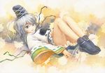  blue_eyes grey_hair hat japanese_clothes kariginu long_hair looking_at_viewer lying misawa_hiroshi mononobe_no_futo on_back pom_pom_(clothes) ponytail silver_hair skirt smile solo tate_eboshi touhou wide_sleeves 