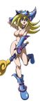  1girl bare_legs bare_shoulders blonde_hair boots breasts cleavage curvy dark_magician_girl duel_monster edit female full_body happy hat large_breasts looking_at_viewer magical_girl nipples nude nude_filter photoshop shiny shiny_skin simple_background smile solo yu-gi-oh! 