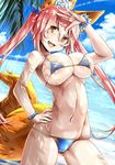  animal_ears beach bikini blue_bikini breasts cleavage commentary_request day fang fate/extra fate/grand_order fate_(series) fox_ears fox_tail hand_on_hip highres kntrs_(knyrs) large_breasts long_hair looking_at_viewer micro_bikini navel ocean open_mouth outdoors palm_leaf pink_hair solo swimsuit tail tamamo_(fate)_(all) tamamo_no_mae_(fate) tamamo_no_mae_(swimsuit_lancer)_(fate) yellow_eyes 