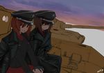  black_jacket breasts brown_eyes brown_hair collared_shirt dated day girls_und_panzer ground_vehicle hair_between_eyes hands_in_pockets highres j.k. jacket jacket_on_shoulders kuromorimine_military_uniform large_breasts long_sleeves looking_at_viewer military military_uniform military_vehicle motor_vehicle multiple_girls nervous_smile nishizumi_maho nishizumi_miho outdoors pleated_skirt red_shirt red_skirt ringed_eyes shirt short_hair sitting skirt sky sweatdrop tank unfinished uniform winter 