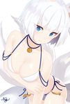  animal_ears azur_lane bad_id bad_pixiv_id bikini blue_eyes blush breasts cleavage commentary_request cowboy_shot fox_ears fox_tail highres kaga_(azur_lane) large_breasts leaning_forward looking_at_viewer multiple_tails navy_(navybluexox) parted_lips short_hair side-tie_bikini simple_background solo swimsuit tail white_background white_bikini white_hair 