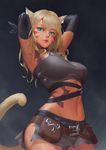  2017 animal_ears aqua_eyes armpits arms_behind_head black_background black_light blonde_hair breasts cat_ears cat_tail facial_tattoo final_fantasy final_fantasy_xiv gradient gradient_background highres lips long_hair medium_breasts midriff miqo'te navel signature slit_pupils solo tail tattoo 