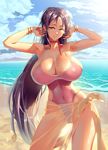  beach blue_eyes bracelet breasts cameltoe cloud contrapposto covered_navel cowboy_shot day fate/grand_order fate_(series) ge_xi highres huge_breasts jewelry long_hair looking_at_viewer minamoto_no_raikou_(fate/grand_order) neck_ribbon ocean one-piece_swimsuit outdoors parted_lips pink_swimsuit purple_hair ribbon sarong see-through sky solo standing swimsuit very_long_hair wet 