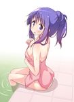  :d ass bangs bath blush breasts cleavage commentary eyebrows_visible_through_hair from_above hinata_yukari legs_together long_hair looking_at_viewer medium_breasts mel_(melty_pot) naked_towel open_mouth pink_towel ponytail purple_eyes purple_hair sidelocks sitting smile soaking_feet solo tile_floor tiles towel water wet wet_hair white_background yuyushiki 