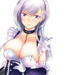  azur_lane belfast_(azur_lane) blush breasts chain cleavage collar gloves highres kojima_(blue_stardust) large_breasts long_hair looking_at_viewer maid maid_headdress purple_eyes silver_hair solo 