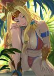  aztec bikini blonde_hair bracer breasts commentary_request fate/grand_order fate_(series) green_eyes hair_tubes headdress highres jewelry large_breasts long_hair looking_at_viewer navel necklace piercing quetzalcoatl_(fate/grand_order) sharp_teeth smile solo swimsuit teeth twitter_username very_long_hair yonezawa_mao 