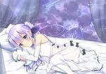  ahoge azur_lane bangs bed_sheet blush bow bridal_gauntlets character_name curtains dress eyebrows_visible_through_hair hair_ornament holding holding_stuffed_animal long_hair looking_at_viewer lying miko_fly object_hug on_bed on_side one_side_up pillow purple_eyes purple_hair see-through shooting_star signature sleeveless sleeveless_dress solo star_(sky) stuffed_alicorn stuffed_animal stuffed_toy thighhighs unicorn_(azur_lane) white_dress white_legwear 
