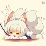  animal_ear_fluff animal_ears artist_name azur_lane beige_background blush chibi closed_eyes eyebrows_visible_through_hair flying_sweatdrops fox_ears fox_tail japanese_clothes kaga_(azur_lane) leash lying multiple_tails muuran on_stomach open_mouth short_hair signature simple_background solo tail translated white_hair wide_sleeves 