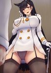  :d animal_ears atago_(azur_lane) azur_lane black_hair breasts brown_eyes buttons commentary_request extra_ears garter_straps gloves hair_ornament highres large_breasts long_hair long_sleeves military military_uniform mole mole_under_eye open_mouth panties smile sword thighhighs thighs underwear uniform very_long_hair weapon white_gloves yuzumiya_mono 