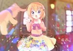  :o bangs belt blurry blush bouquet bow bowtie breasts casual collared_dress commentary confetti cowboy_shot day depth_of_field dress flower gochuumon_wa_usagi_desu_ka? hair_ornament hairclip highres hoto_cocoa indoors long_sleeves looking_at_viewer open_mouth orange_dress orange_hair purple_belt purple_eyes purple_neckwear razu_bitaki short_hair small_breasts solo stuffed_animal stuffed_bunny stuffed_toy sunlight surprised wing_collar 