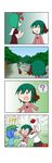  !? 0_0 4girls 4koma ? ^_^ absurdres animal_ears blouse blue_hair blue_skirt blue_sky blue_vest closed_eyes comic cowboy_shot day detached_sleeves dress emphasis_lines eyebrows_visible_through_hair flat_cap flying_sweatdrops geta grabbing grabbing_from_behind gradient gradient_background green_hair hair_bobbles hair_ornament hair_ribbon hat highres inubashiri_momiji kagiyama_hina kasodani_kyouko kawashiro_nitori long_sleeves mountain multiple_girls open_mouth outdoors outstretched_arms pink_blouse pleated_skirt rakugaki-biyori red_dress ribbon rock short_hair silent_comic skirt sky smile solid_oval_eyes spoken_interrobang spoken_question_mark spread_arms stream tengu-geta tokin_hat touhou tree two_side_up vest walking_away waving white_hair white_skirt wolf_ears |_| 