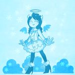  1girl alice_(bendy_and_the_ink_machine) bendy_and_the_ink_machine black_hair black_lips coat gloves halo high_heel_boots horns long_hair scarf snow wings 