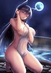  animal_ears atago_(azur_lane) azur_lane black_hair blush breasts brown_eyes covering extra_ears full_moon hair_tucking kneeling large_breasts long_hair looking_at_viewer mole mole_under_eye moon night night_sky nude nude_cover onsen open_mouth outdoors saboten_teishoku sky smile solo towel wet 