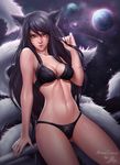  ahri animal_ears aroma_sensei artist_name black_bra black_hair black_panties bra breasts fox_ears fox_tail highres league_of_legends lips long_hair looking_at_viewer medium_breasts multiple_tails night panties parted_lips planet playing_with_own_hair railing sitting sky solo stomach tail underwear underwear_only very_long_hair whisker_markings yellow_eyes 
