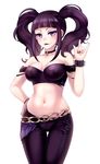  bangs breasts choker cleavage commentary gothic huniepop huniepop_2 large_breasts leather leather_pants lillian_aurawell navel ninamo pants piercing purple_eyes purple_hair solo torn_clothes twintails 