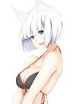  absurdres animal_ears azur_lane bangs bikini_top blue_eyes breasts cleavage fox_ears front-tie_top highres jilu kaga_(azur_lane) large_breasts looking_at_viewer open_mouth pink_lips short_hair simple_background smile solo strap_gap upper_body white_background white_hair 