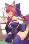  ^_^ animal_ears bare_shoulders blue_legwear blush breasts cleavage closed_eyes fang fate/extra fate_(series) fox_shadow_puppet fox_tail highres japanese_clothes long_hair medium_breasts open_mouth pink_hair sitting smile solo tail tamamo_(fate)_(all) tamamo_no_mae_(fate) thighhighs wariza yaibaken 