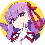  &gt;:) bangs bb_(fate)_(all) bb_(fate/extra_ccc) chan_co closed_mouth commentary dress eyebrows_visible_through_hair fate/extra fate/extra_ccc fate_(series) gloves hair_ribbon head_tilt high_collar index_finger_raised looking_at_viewer lowres purple_eyes purple_hair red_ribbon ribbon smile solo v-shaped_eyebrows white_gloves yellow_background 