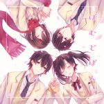  2boys 2girls 916200 black_hair blazer blush enomoto_takane eyes_closed hair_ornament hairclip hand_holding hetero highres jacket kagerou_project kisaragi_shintarou kokonose_haruka long_hair long_sleeves looking_at_another looking_at_viewer mole multiple_boys multiple_girls red_scarf scarf school_uniform short_hair smile tareme tateyama_ayano twintails 