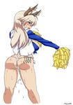  1girl ass blonde_hair blue_eyes blush breasts cheerleader condom hanna-justina_marseille large_breasts solo strike_witches tavor_(m_tavor) thong used_condom world_witches_series 