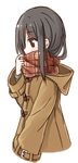  bangs black_hair blush brown_coat brown_scarf coat covered_mouth eyebrows_visible_through_hair green_shirt hood hood_down hooded_coat long_hair long_sleeves looking_back original plaid plaid_scarf profile scarf shirt simple_background solo upper_body white_background yuuhagi_(amaretto-no-natsu) 