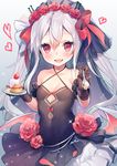  :d azur_lane black_dress black_gloves blush breasts cake cleavage commentary_request criss-cross_halter dress fang flower food fruit gloves gradient gradient_background hair_between_eyes halterneck heart highres long_hair looking_at_viewer open_mouth pink_eyes shirako_sei silver_hair simple_background slit_pupils small_breasts smile solo strawberry vampire_(azur_lane) veil 