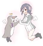  1girl :d ^_^ angel angel_wings bird black_hair blush brown_eyes closed_eyes commentary_request full_body grape-kun gunuko halo happy headphones holding_hands humboldt_penguin humboldt_penguin_(kemono_friends) jacket kemono_friends long_sleeves looking_at_another multicolored_hair open_mouth penguin short_hair simple_background smile streaked_hair white_background wings 