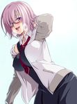  846-gou after_fellatio bangs black-framed_eyewear black_dress blush breasts collared_shirt covered_nipples dress fate/grand_order fate_(series) glasses gradient gradient_background hair_over_one_eye half-closed_eyes hood hoodie large_breasts lavender_hair looking_at_viewer mash_kyrielight open_clothes open_hoodie open_mouth purple_eyes purple_hair purple_neckwear saliva shirt short_hair smile solo stray_pubic_hair white_shirt 