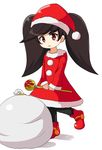  :o ashley_(warioware) bangs big_hair black_hair black_legwear blush_stickers christmas commentary_request dress eyebrows_visible_through_hair flat_chest full_body fur-trimmed_dress hat highres holding holding_staff korutana long_hair long_sleeves looking_at_viewer open_mouth pantyhose red_dress red_eyes red_footwear sack santa_costume santa_hat simple_background solo staff standing standing_on_one_leg swept_bangs twintails warioware white_background 