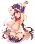  armpits arms_up beads bouncing_breasts breasts breasts_outside brown_hair cleavage earrings fate/grand_order fate_(series) hat highres jewelry large_breasts long_hair looking_at_viewer necklace nipples one_eye_closed prayer_beads purple_eyes solo swimsuit thighhighs thomasz xuanzang_(fate/grand_order) 