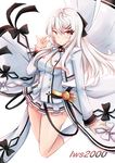  arm_at_side arm_up black_bow blush bow bullpup character_name collared_jacket commentary_request eyebrows_visible_through_hair full_body girls_frontline gloves hair_between_eyes hair_ornament hair_ribbon hairclip hakuya_(white_night) hand_in_hair highres iws-2000_(girls_frontline) jacket kneehighs long_hair looking_at_viewer medal military military_uniform open_mouth pinky_out pleated_skirt red_eyes ribbon sidelocks silver_hair skirt sleeve_cuffs socks solo uniform weapon white_bow white_jacket white_legwear white_uniform 