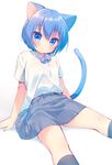  animal_ears arm_support bangs black_legwear blue_eyes blue_hair blue_skirt blush bow bowtie cat_ears cat_girl cat_tail collared_shirt commentary_request dress_shirt eyebrows_visible_through_hair hair_between_eyes head_tilt kneehighs looking_at_viewer onka original parted_lips pleated_skirt purple_neckwear shirt short_hair short_sleeves simple_background sitting skirt solo tail usashiro_mani white_background white_shirt 