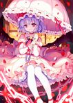  blue_hair chain choker closed_mouth cloud hat hat_ribbon highres holding holding_umbrella indoors juliet_sleeves long_sleeves looking_at_viewer mirror_(xilu4) mob_cap pantyhose parasol petals petticoat pink_skirt puffy_sleeves red_eyes red_footwear red_ribbon remilia_scarlet ribbon ribbon_trim rose_petals shoes sitting skirt skirt_set smile solo touhou umbrella white_legwear window wrist_cuffs 