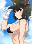  :o adjusting_clothes adjusting_hat akitsu_maru_(kantai_collection) alternate_skin_color animal_ears arched_back bangs bare_arms bare_shoulders bikini_top black_bikini_top black_eyes black_hair black_hat blue_sky blush breasts cloud covered_nipples day eyebrows_visible_through_hair face gloves hand_on_headwear hat kani_club kantai_collection large_breasts looking_at_viewer looking_to_the_side military_hat open_mouth peaked_cap short_hair sky solo strap_gap sweat swimsuit upper_body white_gloves wolf_ears 