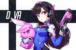  animal_print bangs blue_bodysuit bodysuit breasts brown_hair bunny_print d.va_(overwatch) duplicate gun handgun headphones high_collar holding holding_weapon hwansang long_hair overwatch solo stuffed_animal stuffed_bunny stuffed_toy toy weapon whisker_markings 