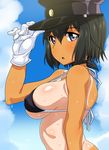  :o adjusting_clothes adjusting_hat akitsu_maru_(kantai_collection) alternate_skin_color animal_ears arched_back bangs bare_arms bare_shoulders bikini_top black_bikini_top black_eyes black_hair black_hat blue_sky blush breasts cloud covered_nipples day eyebrows_visible_through_hair face gloves hand_on_headwear hat kani_club kantai_collection large_breasts looking_at_viewer looking_to_the_side military_hat one-piece_tan open_mouth peaked_cap short_hair sky solo strap_gap sweat swimsuit tan tanline upper_body white_gloves wolf_ears 