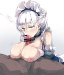  azur_lane bar_censor bee_(deadflow) belfast_(azur_lane) blue_eyes blush braid breasts censored chain collar cum deep_skin detached_sleeves ejaculation erection eyebrows_visible_through_hair fellatio frills gloves gradient gradient_background hair_between_eyes hetero inverted_nipples large_breasts long_hair maid maid_headdress motion_lines nipples oral paizuri penis projectile_cum puffy_nipples sweat tongue tongue_out white_gloves white_hair 