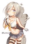 :o bare_shoulders belt blue_eyes breasts cleavage collarbone crop_top eyes_visible_through_hair front-tie_top gloves hair_ornament hair_over_one_eye hairclip hamakaze_(kantai_collection) highres kantai_collection large_breasts looking_at_viewer midriff mika_(1020mk) miniskirt navel neckerchief no_legwear pleated_skirt shiny shiny_skin short_hair silver_hair skindentation skirt solo twitter_username white_gloves yellow_neckwear 