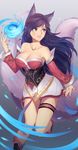  ahri animal_ears bare_shoulders black_hair breasts cleavage collarbone fox_ears fox_girl fox_tail half-closed_eyes hentaki highres korean_clothes large_breasts league_of_legends leg_up long_hair looking_to_the_side makeup mascara nail_polish off_shoulder orb parted_lips red_nails slit_pupils solo strapless tail whisker_markings yellow_eyes 