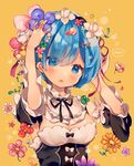  ana_(rznuscrf) black_ribbon blue_eyes blue_hair blush breasts character_name cleavage detached_sleeves eyes_visible_through_hair flower hair_flower hair_ornament hair_over_one_eye hair_ribbon looking_at_viewer maid maid_headdress medium_breasts open_mouth petals re:zero_kara_hajimeru_isekai_seikatsu red_ribbon rem_(re:zero) ribbon short_hair simple_background solo upper_body x_hair_ornament yellow_background 