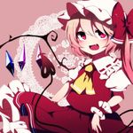  :d ascot bad_id bad_pixiv_id blonde_hair blush bow crystal fang flandre_scarlet frilled_shirt_collar frilled_skirt frills gradient_hair hair_bow hat laevatein long_hair mob_cap multicolored_hair open_mouth petticoat pink_background pink_eyes pink_hair puffy_short_sleeves puffy_sleeves red_bow red_skirt red_vest short_sleeves side_ponytail skirt smile solo touhou upper_body v-shaped_eyebrows vest white_hat wings wrist_cuffs yellow_neckwear you_(noanoamoemoe) 