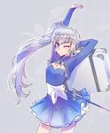  blue_dress blue_eyes commentary dress earrings hair_ornament iesupa jewelry long_hair myrtenaster no_scar one_eye_closed ponytail rapier rwby solo suitcase sword weapon weiss_schnee white_hair 
