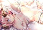 :o bangs blue_eyes breasts fate/apocrypha fate/grand_order fate_(series) frankenstein's_monster_(fate) frankenstein's_monster_(swimsuit_saber)_(fate) horn looking_at_viewer lying nakatokung nipples nude on_back on_bed open_mouth parted_bangs pink_hair plantar_flexion see-through short_hair small_breasts solo spread_legs thighs watermark web_address 